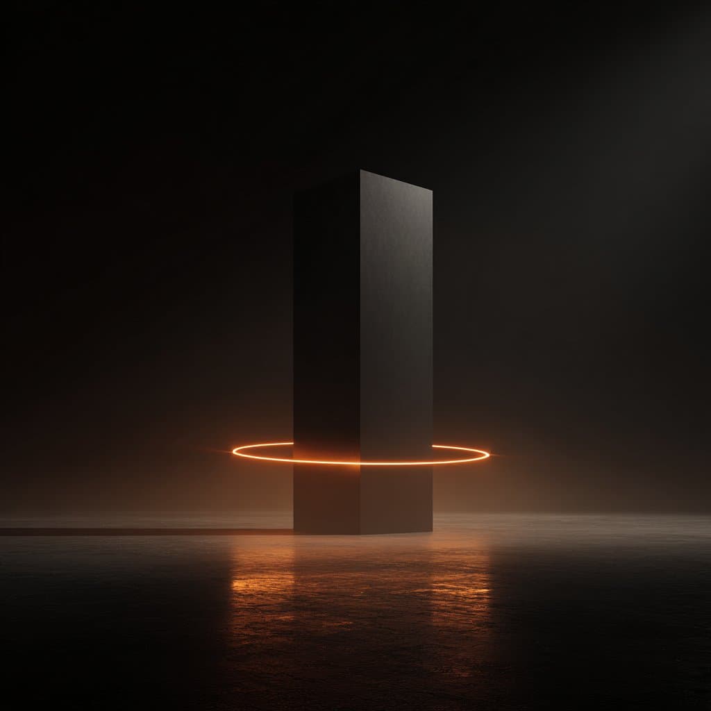 A black obsidian monolith with a single ember-colored ring at its base, set in deep void — the visual mark of Khtain.